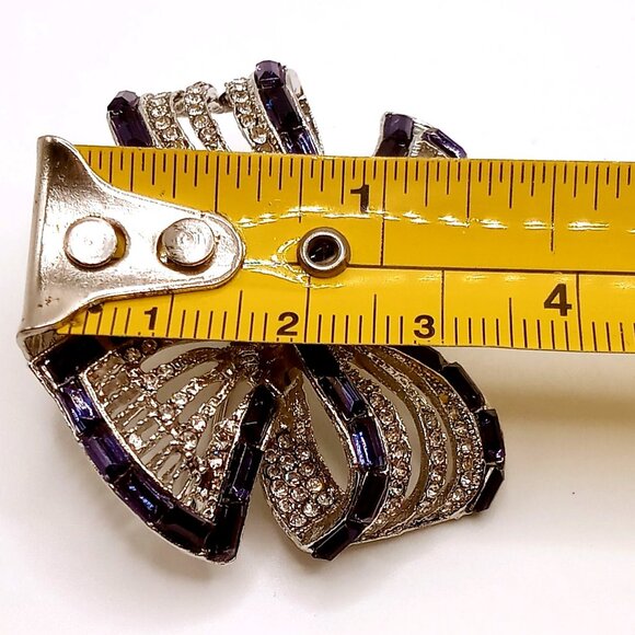 Vintage Bow Ribbon Brooch Silver-Tone Metal Blue Enamel Shiny Rhinestones Pin - Picture 11 of 11